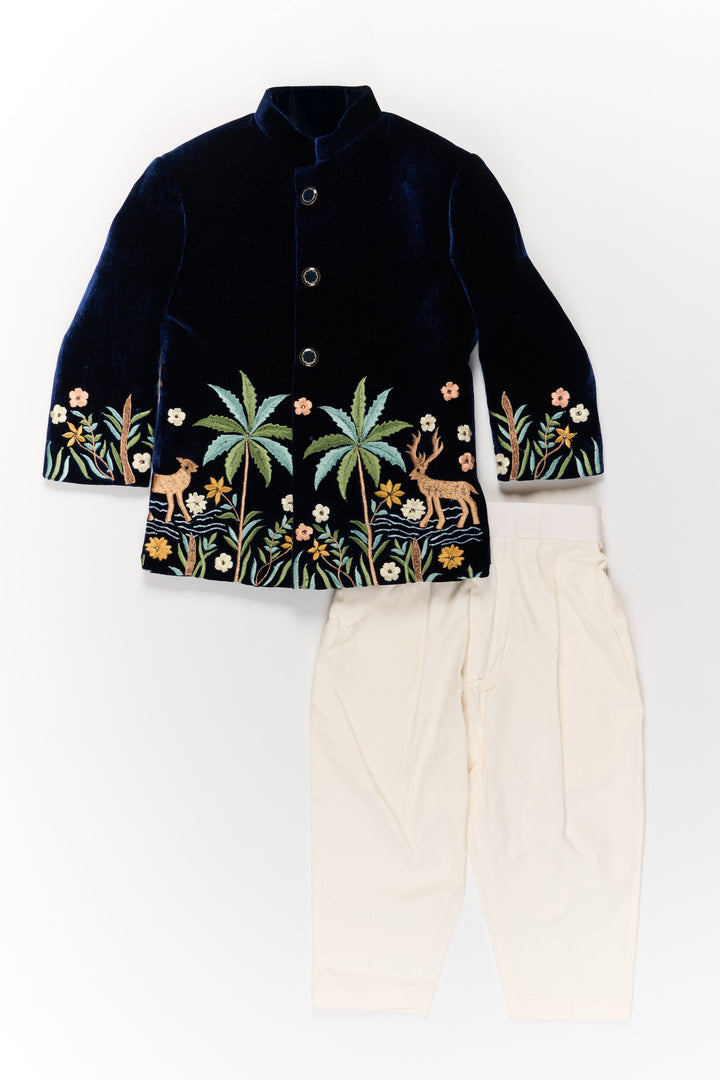 The Nesavu Boys Kurtha Set Boys Velvet Kurta Set with Embroidered Jacket and Cream Pants Nesavu Boys Velvet Kurta Set Embroidered Jacket Cream Pants Weddings | The Nesavu