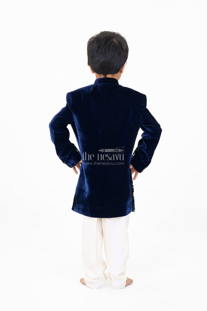 The Nesavu Boys Kurtha Set Boys Velvet Kurta Set with Embroidered Jacket and Cream Pants Nesavu Boys Velvet Kurta Set Embroidered Jacket Cream Pants Weddings | The Nesavu