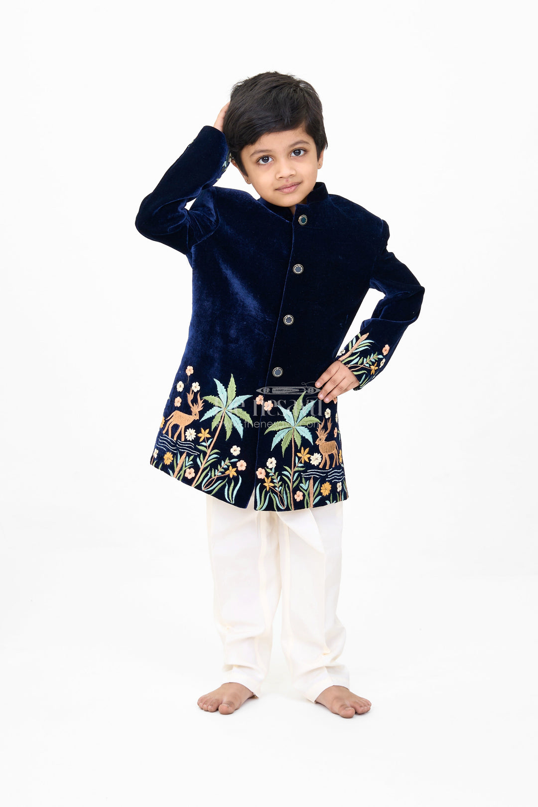 The Nesavu Boys Kurtha Set Boys Velvet Kurta Set with Embroidered Jacket and Cream Pants Nesavu Boys Velvet Kurta Set Embroidered Jacket Cream Pants Weddings | The Nesavu