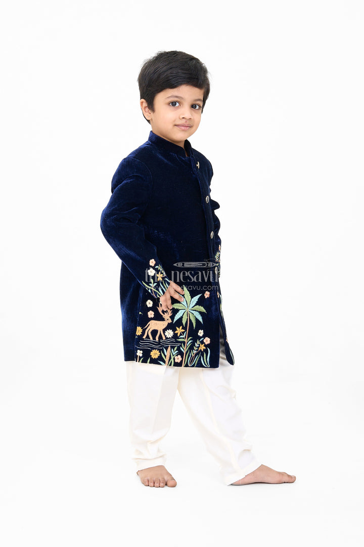 The Nesavu Boys Kurtha Set Boys Velvet Kurta Set with Embroidered Jacket and Cream Pants Nesavu Boys Velvet Kurta Set Embroidered Jacket Cream Pants Weddings | The Nesavu
