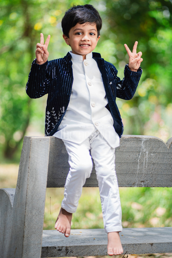 The Nesavu Boys Blazer Set Boys Velvet Sherwani Set in Blue with Embroidered Jacket and White Pants Nesavu Nesavu Boys Blue Velvet Sherwani Set Embroidered Jacket White Pants Formal Occasions