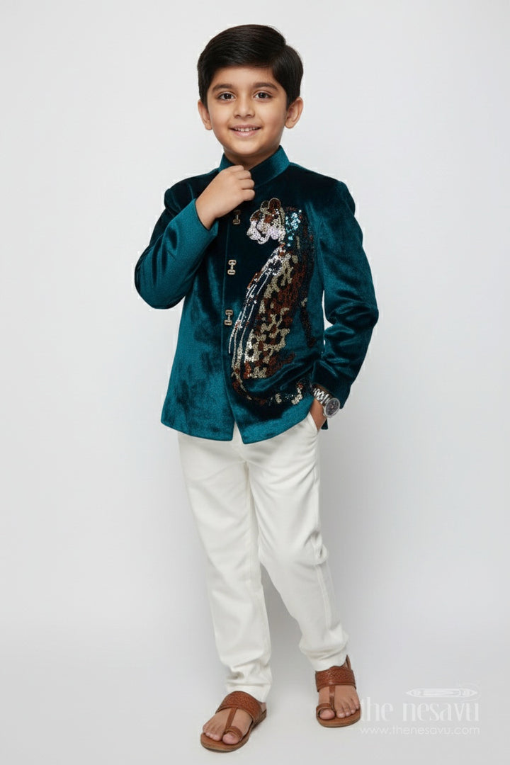 The Nesavu Boys Sherwani Boys Velvet Sherwani Set with Stone Work for Weddings and Receptions Nesavu 16 (1Y) / Green BES838A-16 Nesavu boys velvet sherwani set stone embroidery weddings formal celebrations
