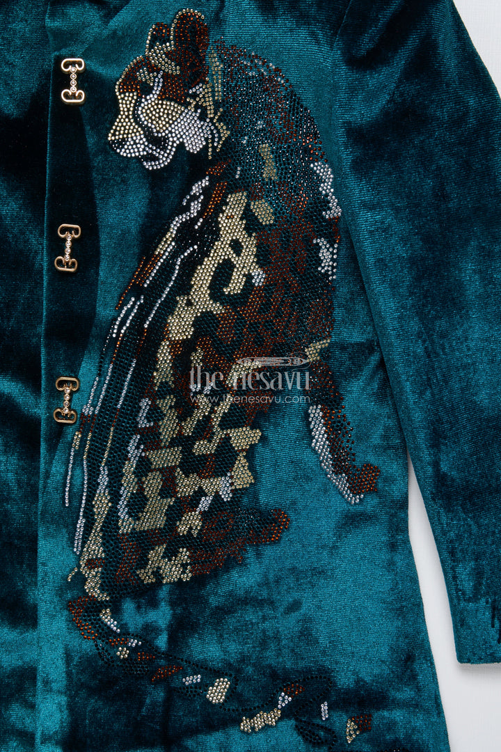 The Nesavu Boys Sherwani Boys Velvet Sherwani Set with Stone Work for Weddings and Receptions Nesavu Nesavu boys velvet sherwani set stone embroidery weddings formal celebrations