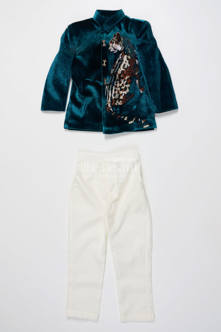 The Nesavu Boys Sherwani Boys Velvet Sherwani Set with Stone Work for Weddings and Receptions Nesavu Nesavu boys velvet sherwani set stone embroidery weddings formal celebrations