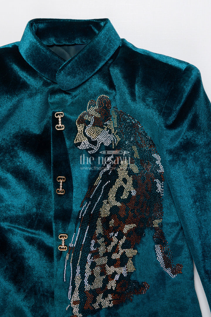 The Nesavu Boys Sherwani Boys Velvet Sherwani Set with Stone Work for Weddings and Receptions Nesavu Nesavu boys velvet sherwani set stone embroidery weddings formal celebrations