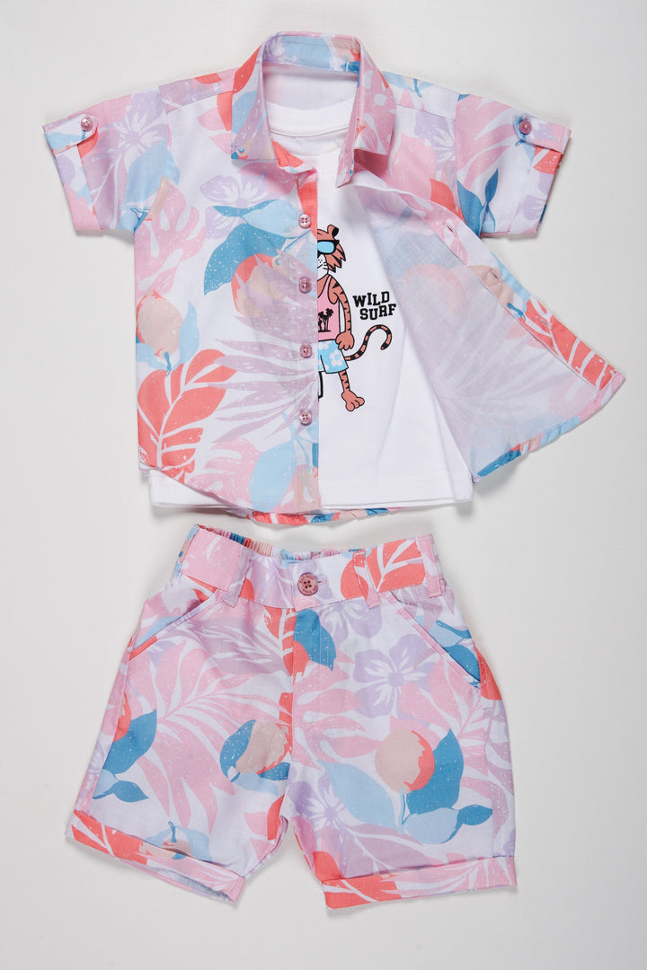 The Nesavu Boys Casual Set Boys Versatile Summer Play Set with Graphic Tee & Tropical Shirt and Shorts Nesavu 16 (1Y) / Pink BCS027B-16 Boys Tropical Print Shirt   Graphic Tee with Shorts Set | Vibrant Summer Outfit | The Nesavu