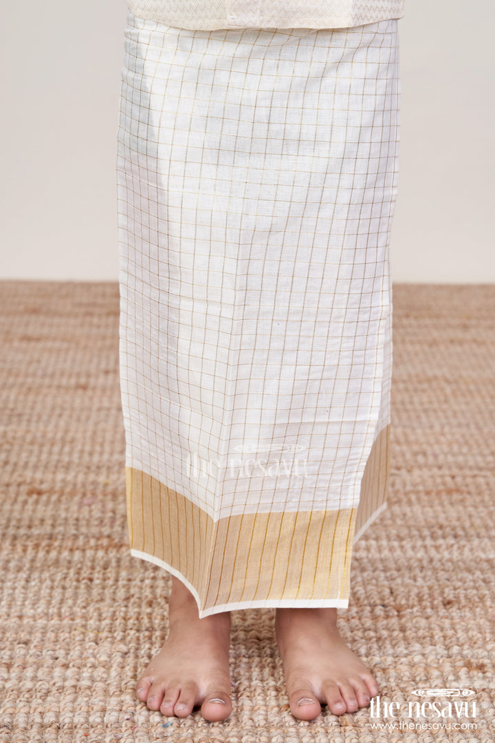 The Nesavu Boys Vesti Boys Vesti for Traditional Family Occasions and Rituals Nesavu 16 (1Y) / Gold D037A-16 Nesavu boys vesti checked pattern gold border pujas traditional events