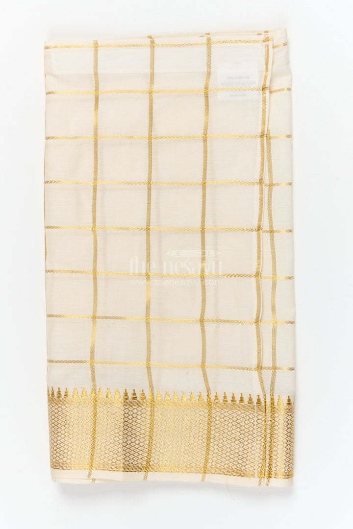 The Nesavu Boys Vesti Boys Vesti with Temple Checks for Ethnic Day and Traditional Events Nesavu 14 (6M) / Cream / Cotton D041A-14 Nesavu checked boys vesti with zari border for ethnic day and cultural celebrations