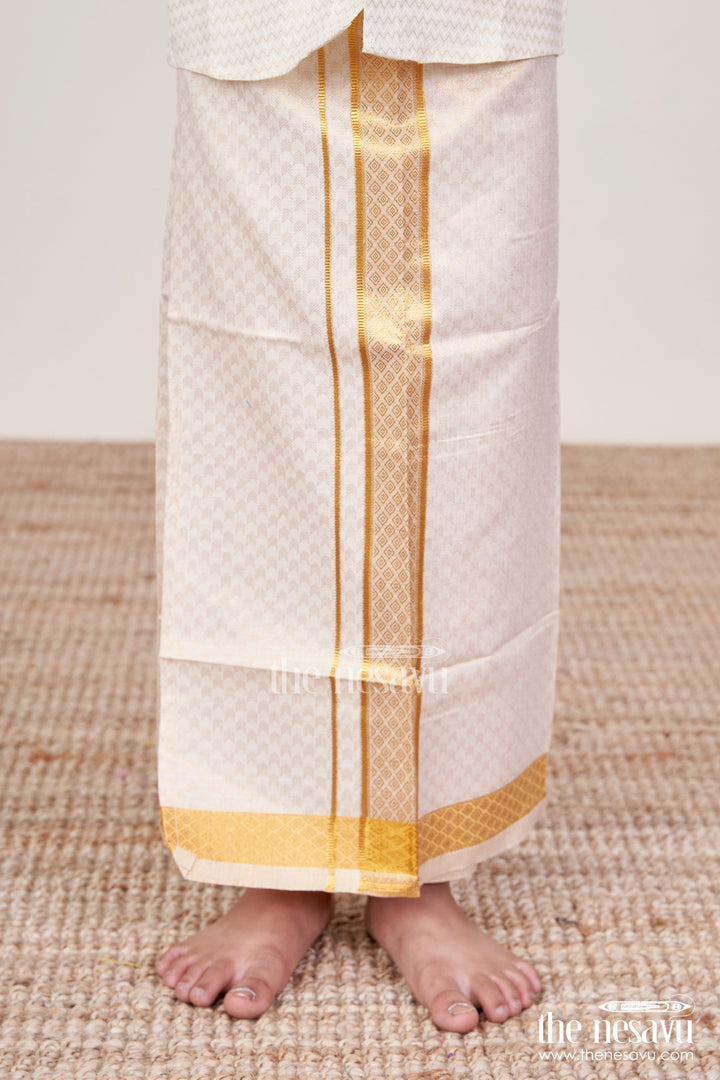 The Nesavu Boys Vesti Boys Vesti with Zari Border for Traditional Functions and Ethnic Wear Nesavu 14 (6M) / Cream D031A-14 Nesavu boys tissue vesti zari border  ideal traditional functions temple ceremonies