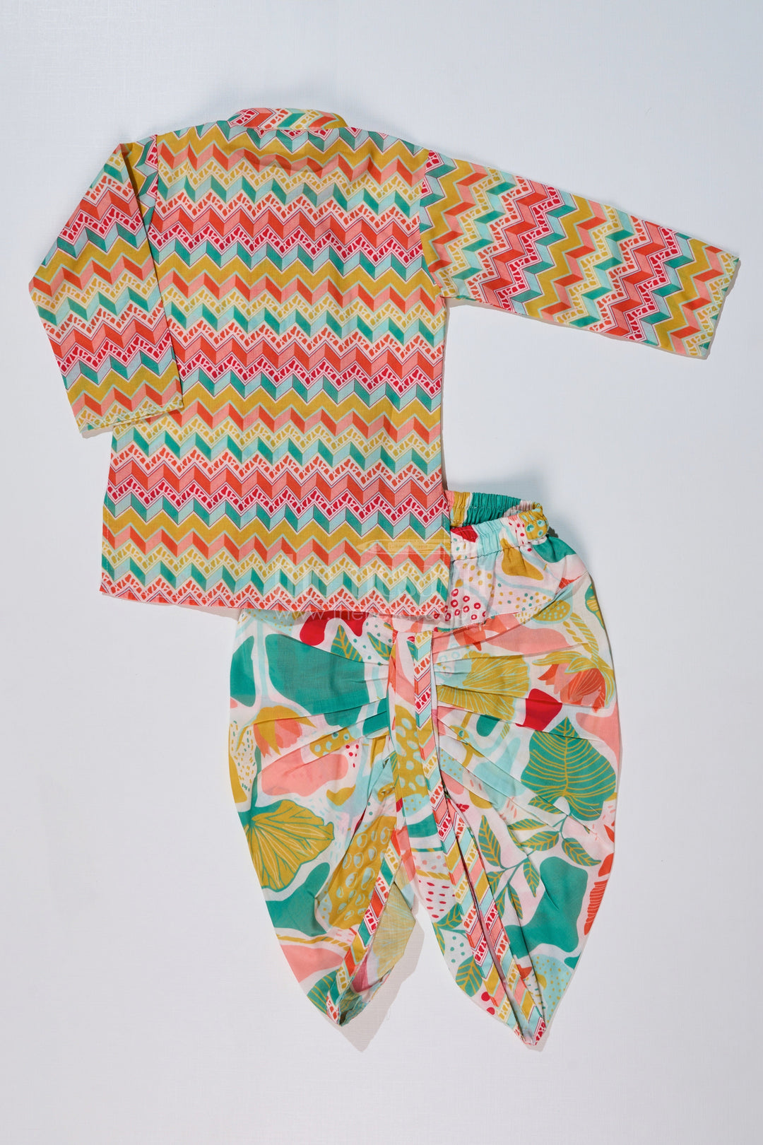 The Nesavu Boys Dothi Set Boys Vibrant Dhoti Kurta New Design with Printed Cotton Kurta and Tropical Dhoti Nesavu Multicolor Printed Boys Dhoti Kurta Zigzag Kurta Floral Dhoti | The Nesavu