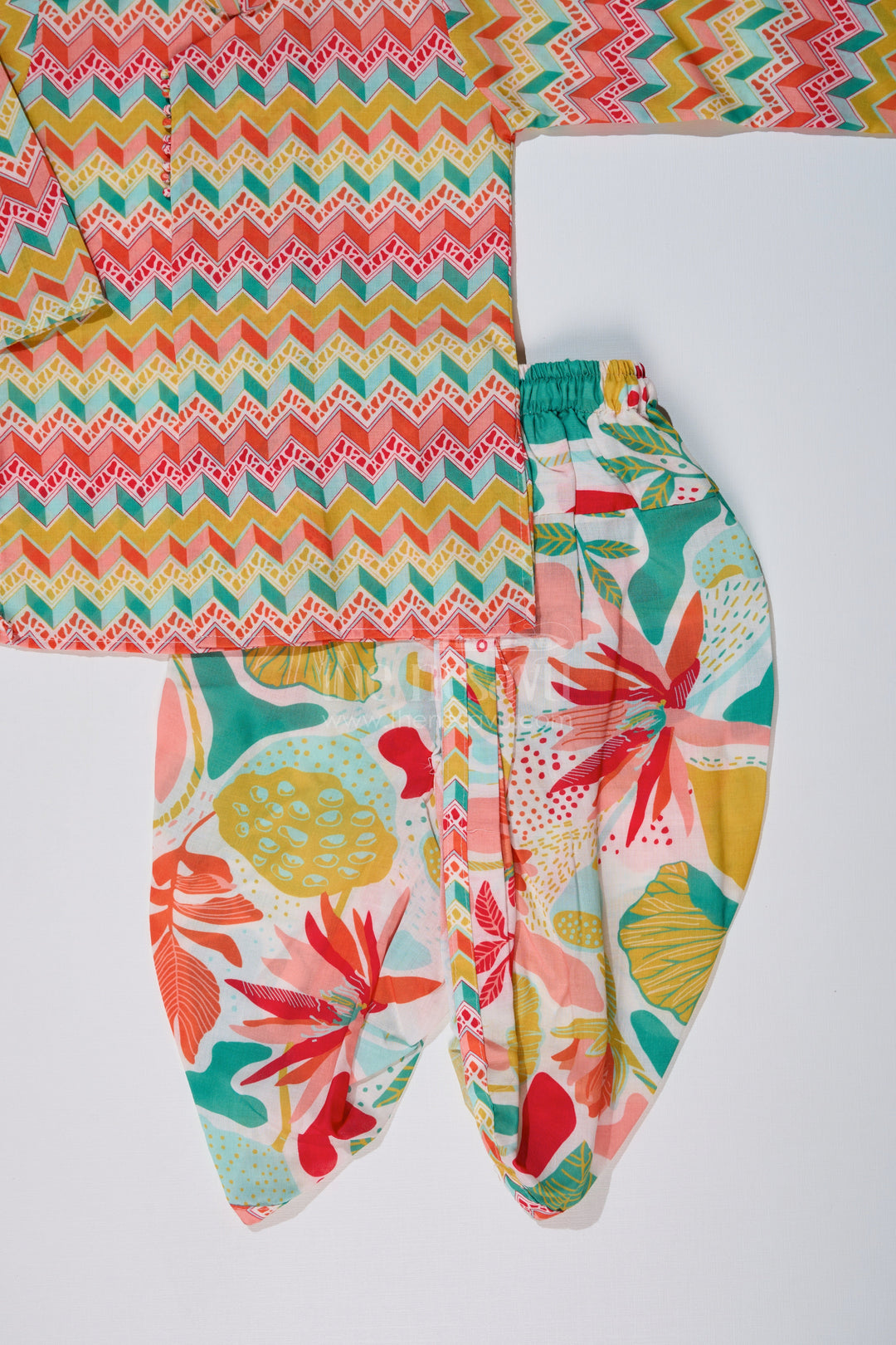 The Nesavu Boys Dothi Set Boys Vibrant Dhoti Kurta New Design with Printed Cotton Kurta and Tropical Dhoti Nesavu Multicolor Printed Boys Dhoti Kurta Zigzag Kurta Floral Dhoti | The Nesavu