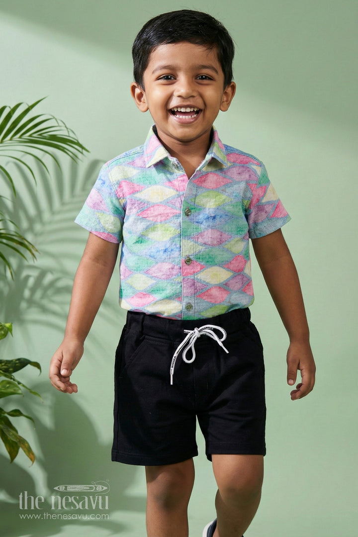 The Nesavu Boys Casual Set Boys Vibrant Fish Scale Print Shirt and Shorts Set | Colorful Summer Outfit Nesavu 16 (1Y) / Green / Popcorn Polysilk BCS036A-16 Kids Summer Shirt and Shorts Set | The Nesavu