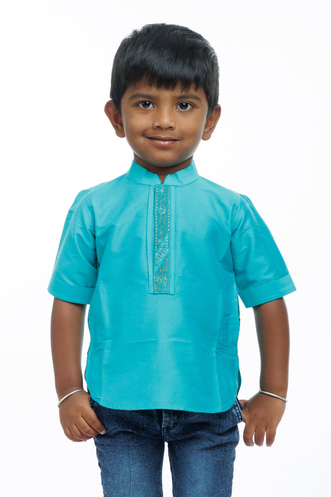 The Nesavu Boys Kurtha Shirt Boys Vibrant Teal Kurta Shirt - Traditional Elegance with a Modern Twist Nesavu 16 (1Y) / Blue / Blend Silk BS137B-16 Teal Boys Kurta Shirt | Sequin Detail | Comfortable Traditional Wear | The Nesavu