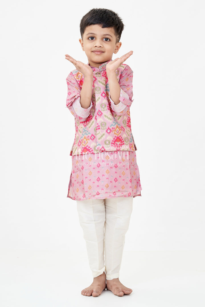 The Nesavu Boys Jacket Sets Boys Viscose Blend Jacket and Pants Set in Pink with Printed Kurta and Multicolor Ethnic Vest Nesavu 14 (6M) / Purple BES708A-14 Boys Viscose Blend Jacket Pants Set Pink Ikat Print Kurta Multicolor Nehru Jacket | The Nesavu