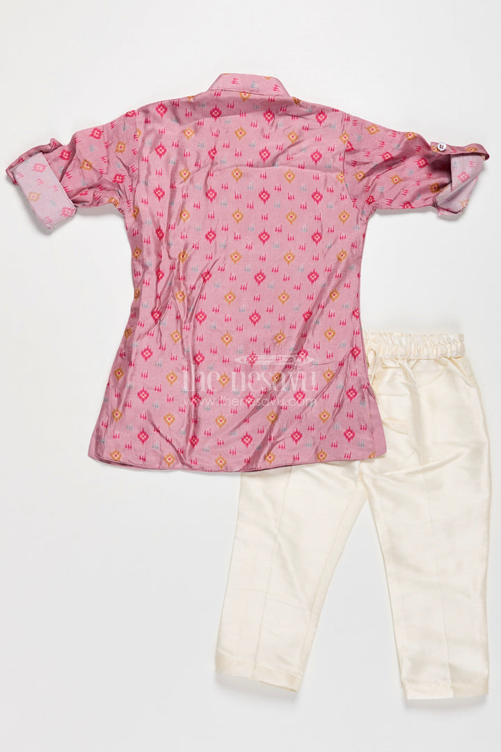 The Nesavu Boys Jacket Sets Boys Viscose Blend Jacket and Pants Set in Pink with Printed Kurta and Multicolor Ethnic Vest Nesavu Boys Viscose Blend Jacket Pants Set Pink Ikat Print Kurta Multicolor Nehru Jacket | The Nesavu