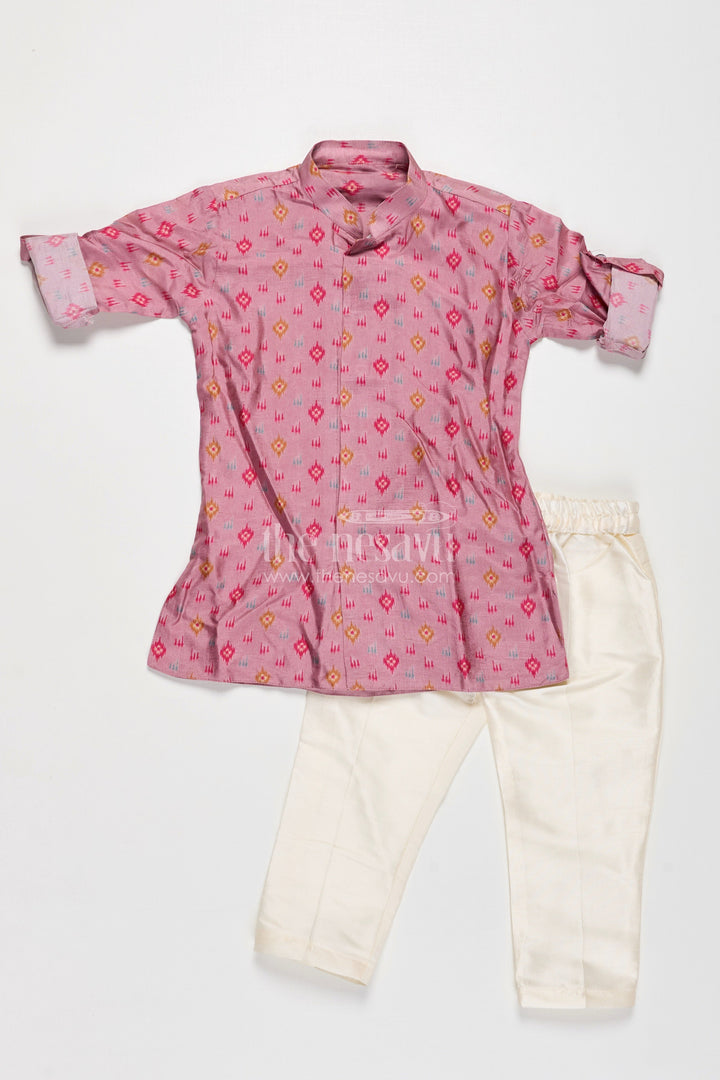 The Nesavu Boys Jacket Sets Boys Viscose Blend Jacket and Pants Set in Pink with Printed Kurta and Multicolor Ethnic Vest Nesavu Boys Viscose Blend Jacket Pants Set Pink Ikat Print Kurta Multicolor Nehru Jacket | The Nesavu