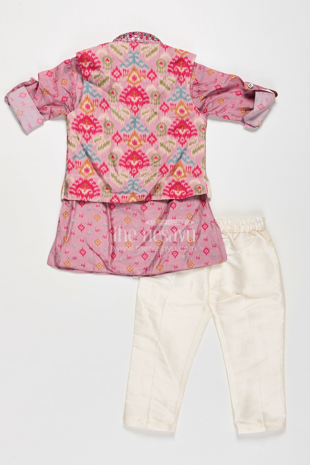 The Nesavu Boys Jacket Sets Boys Viscose Blend Jacket and Pants Set in Pink with Printed Kurta and Multicolor Ethnic Vest Nesavu Boys Viscose Blend Jacket Pants Set Pink Ikat Print Kurta Multicolor Nehru Jacket | The Nesavu
