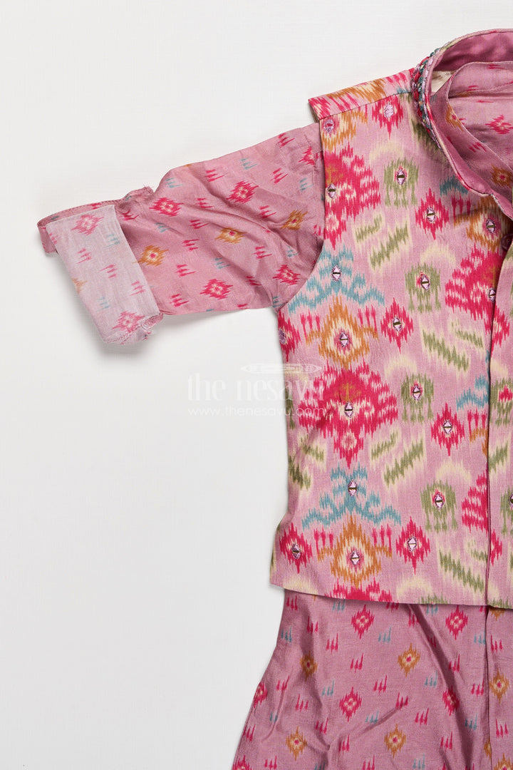 The Nesavu Boys Jacket Sets Boys Viscose Blend Jacket and Pants Set in Pink with Printed Kurta and Multicolor Ethnic Vest Nesavu Boys Viscose Blend Jacket Pants Set Pink Ikat Print Kurta Multicolor Nehru Jacket | The Nesavu