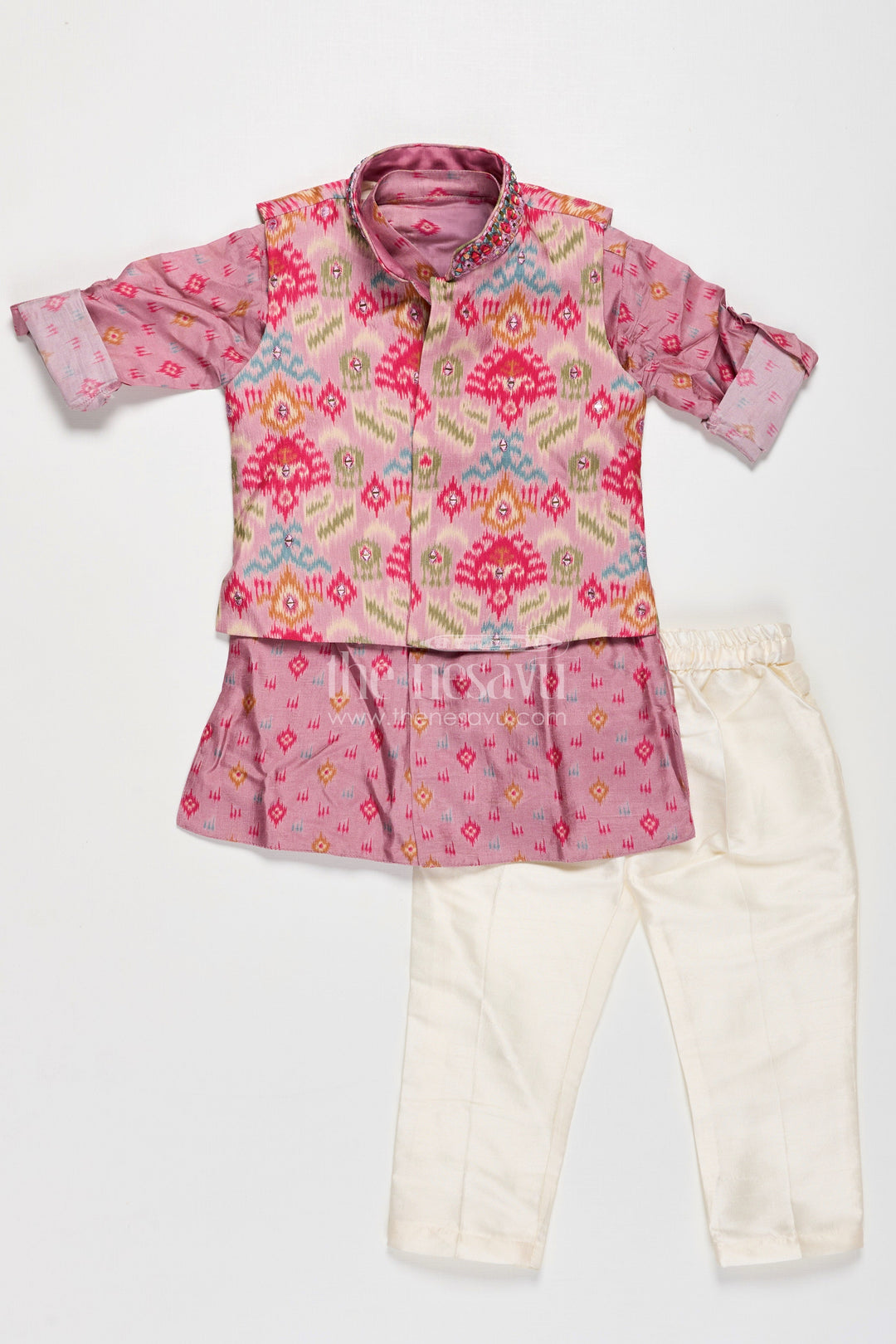 The Nesavu Boys Jacket Sets Boys Viscose Blend Jacket and Pants Set in Pink with Printed Kurta and Multicolor Ethnic Vest Nesavu Boys Viscose Blend Jacket Pants Set Pink Ikat Print Kurta Multicolor Nehru Jacket | The Nesavu
