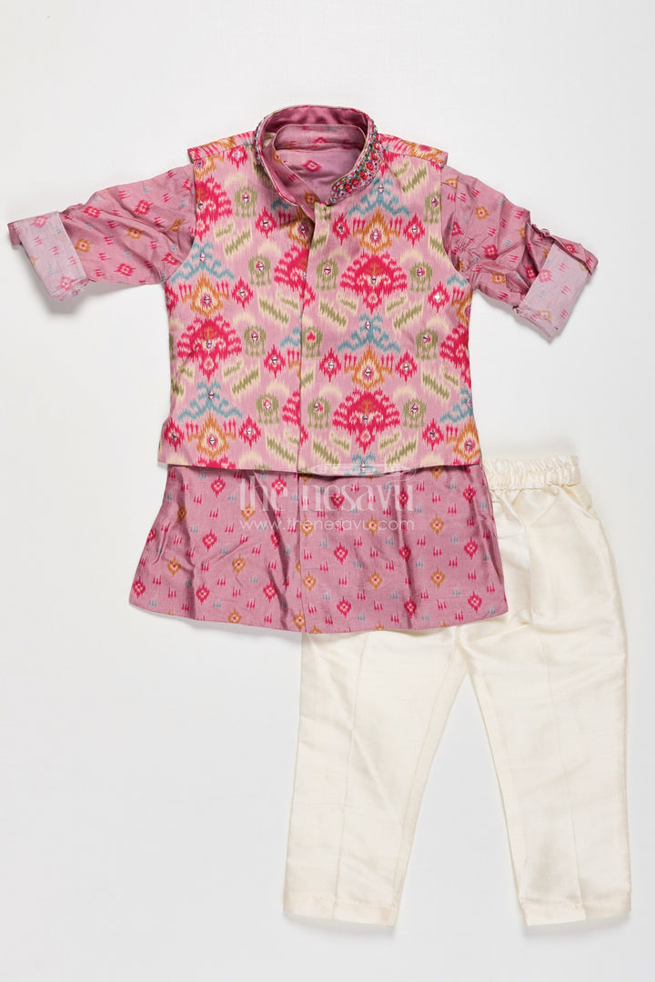 The Nesavu Boys Jacket Sets Boys Viscose Blend Jacket and Pants Set in Pink with Printed Kurta and Multicolor Ethnic Vest Nesavu Boys Viscose Blend Jacket Pants Set Pink Ikat Print Kurta Multicolor Nehru Jacket | The Nesavu