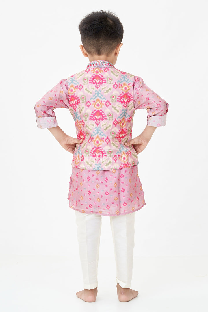 The Nesavu Boys Jacket Sets Boys Viscose Blend Jacket and Pants Set in Pink with Printed Kurta and Multicolor Ethnic Vest Nesavu Boys Viscose Blend Jacket Pants Set Pink Ikat Print Kurta Multicolor Nehru Jacket | The Nesavu