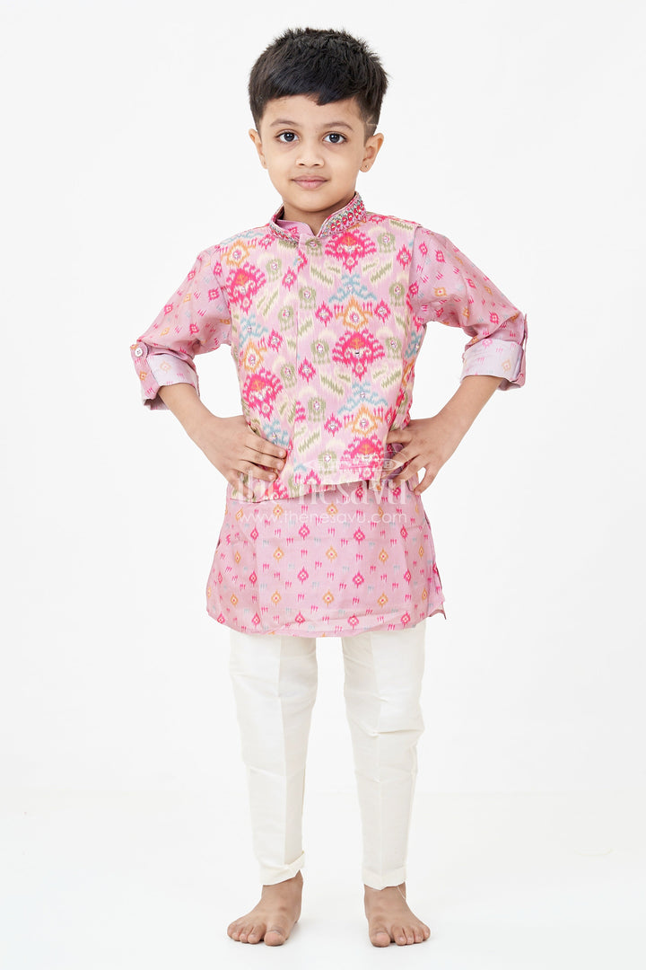 The Nesavu Boys Jacket Sets Boys Viscose Blend Jacket and Pants Set in Pink with Printed Kurta and Multicolor Ethnic Vest Nesavu Boys Viscose Blend Jacket Pants Set Pink Ikat Print Kurta Multicolor Nehru Jacket | The Nesavu