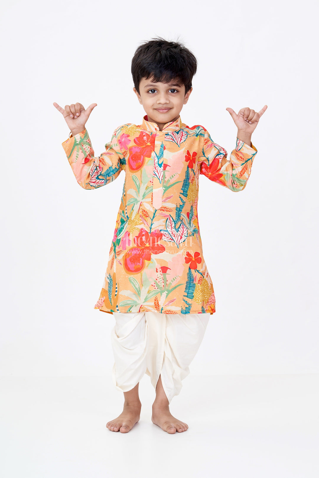 The Nesavu Boys Dothi Set Boys Viscose Cotton Modern Dhoti Kurta Set with Colorful Floral Digital Print Nesavu 16 (1Y) / Yellow BES676A-16 Boys Modern Dhoti Kurta Floral Digital Print Viscose Cotton Blend Traditional Touch | The Nesavu