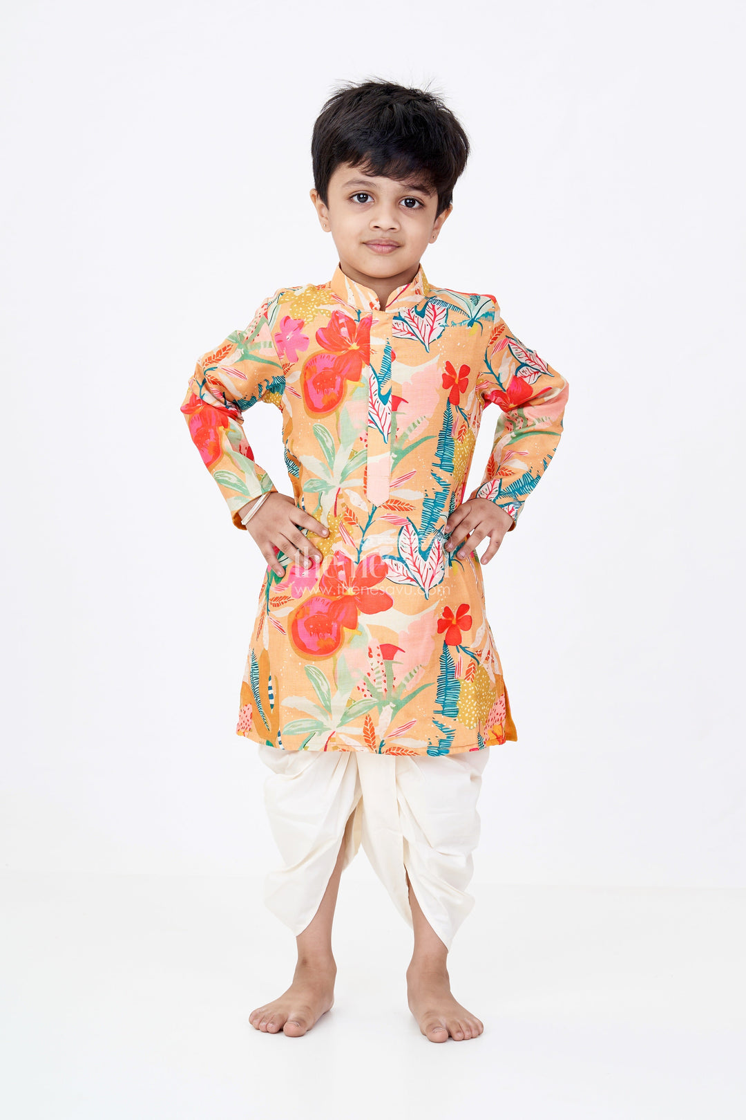 The Nesavu Boys Dothi Set Boys Viscose Cotton Modern Dhoti Kurta Set with Colorful Floral Digital Print Nesavu Boys Modern Dhoti Kurta Floral Digital Print Viscose Cotton Blend Traditional Touch | The Nesavu