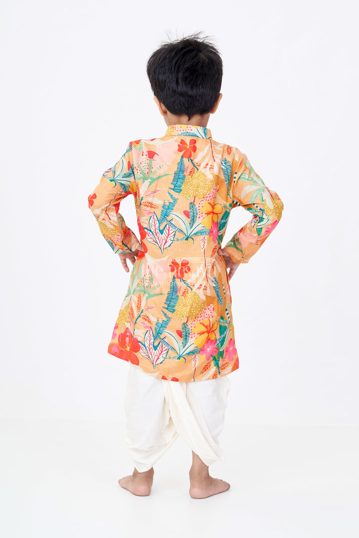 The Nesavu Boys Dothi Set Boys Viscose Cotton Modern Dhoti Kurta Set with Colorful Floral Digital Print Nesavu Nesavu Boys Modern Dhoti Kurta Floral Digital Print Viscose Cotton Blend Traditional Touch