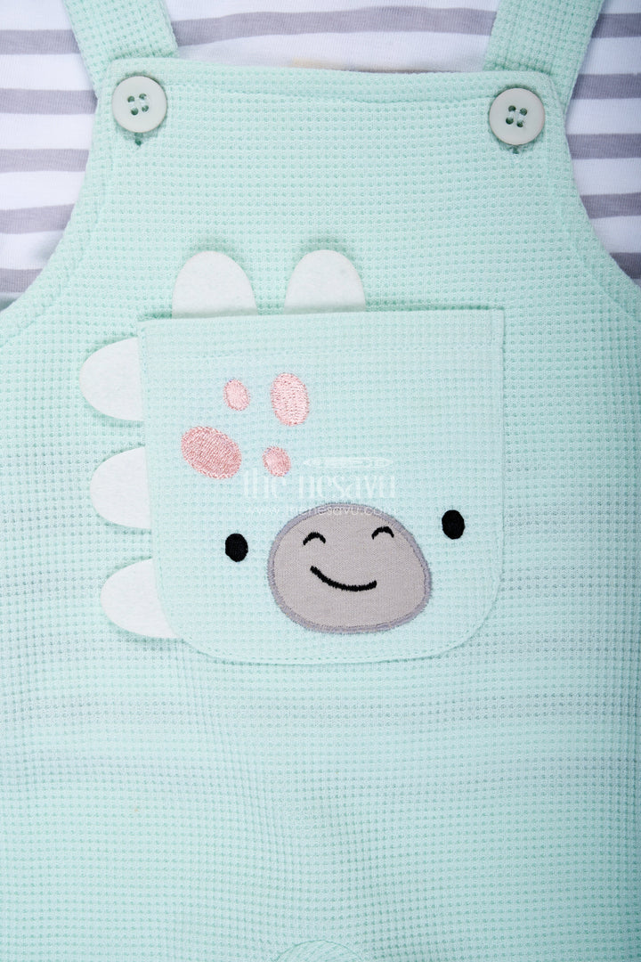 The Nesavu Boys Casual Set Boys Waffle Shirt and Shorts Set with Mint Green Dungaree and Smiley Face Patch for Playful Comfort Nesavu Nesavu Boys Waffle Shirt Shorts Set Mint Green Cotton Dungaree Fun Smiley Patch