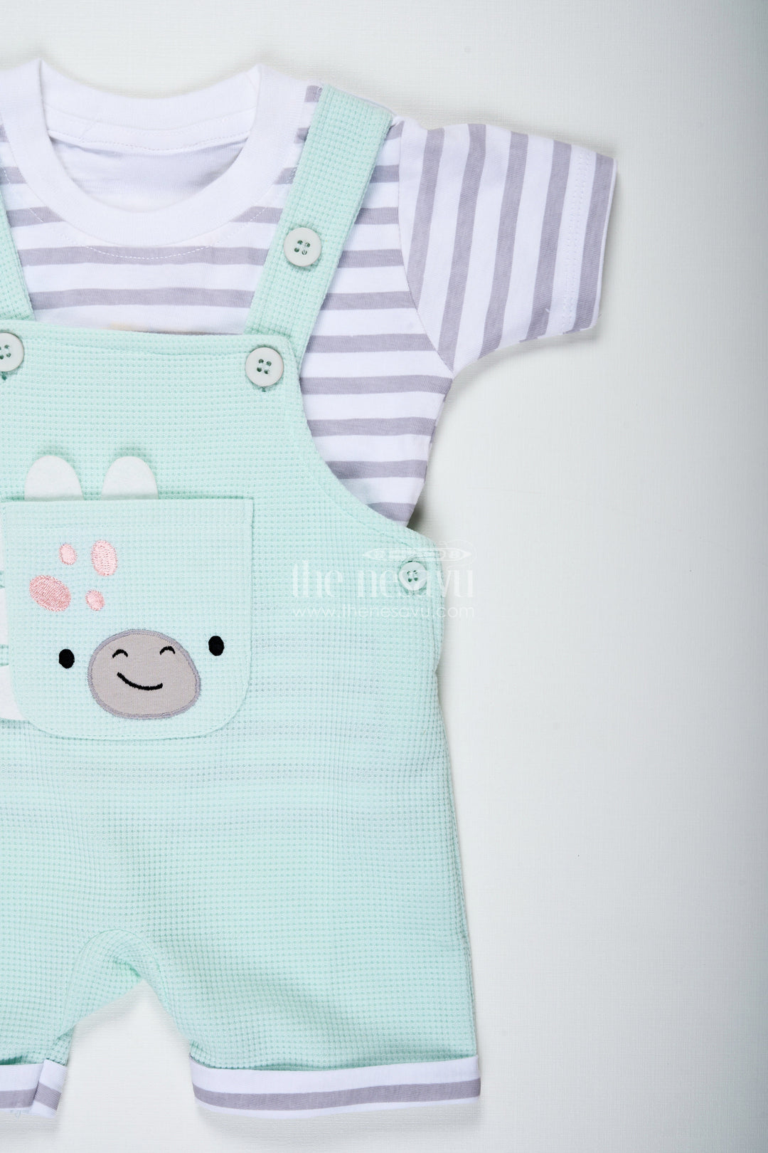 The Nesavu Boys Casual Set Boys Waffle Shirt and Shorts Set with Mint Green Dungaree and Smiley Face Patch for Playful Comfort Nesavu Nesavu Boys Waffle Shirt Shorts Set Mint Green Cotton Dungaree Fun Smiley Patch