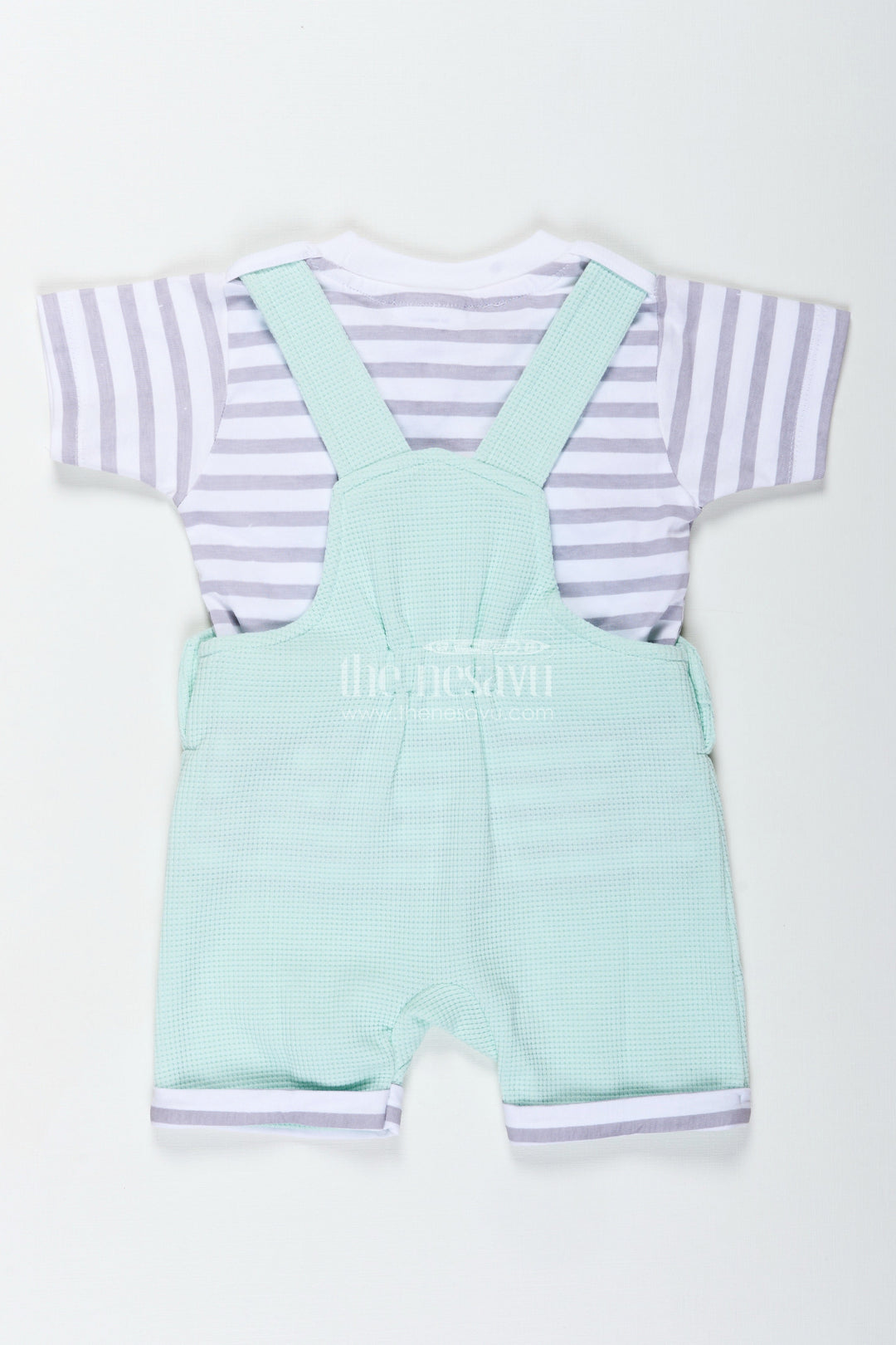 The Nesavu Boys Casual Set Boys Waffle Shirt and Shorts Set with Mint Green Dungaree and Smiley Face Patch for Playful Comfort Nesavu Nesavu Boys Waffle Shirt Shorts Set Mint Green Cotton Dungaree Fun Smiley Patch