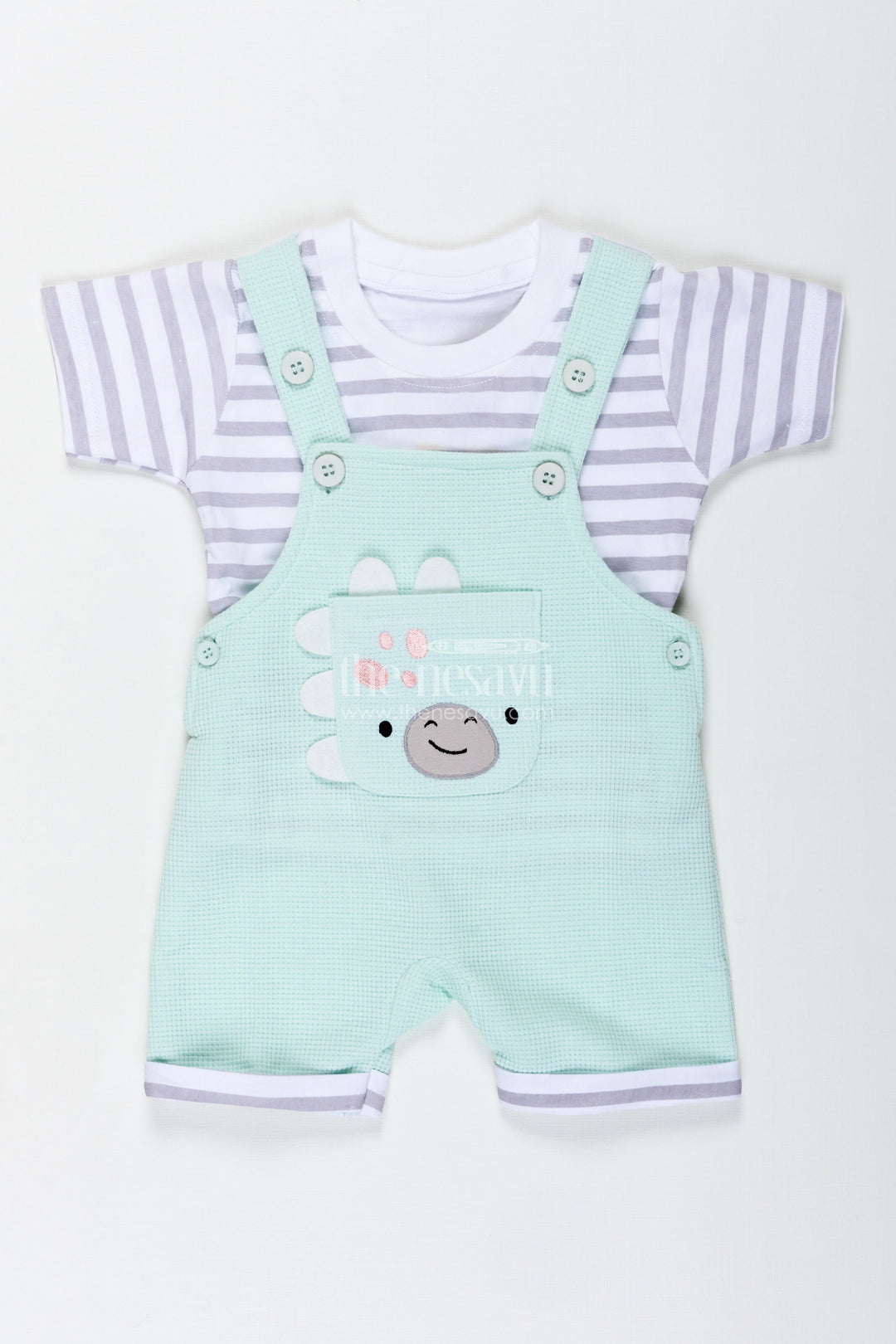 The Nesavu Boys Casual Set Boys Waffle Shirt and Shorts Set with Mint Green Dungaree and Smiley Face Patch for Playful Comfort Nesavu Nesavu Boys Waffle Shirt Shorts Set Mint Green Cotton Dungaree Fun Smiley Patch