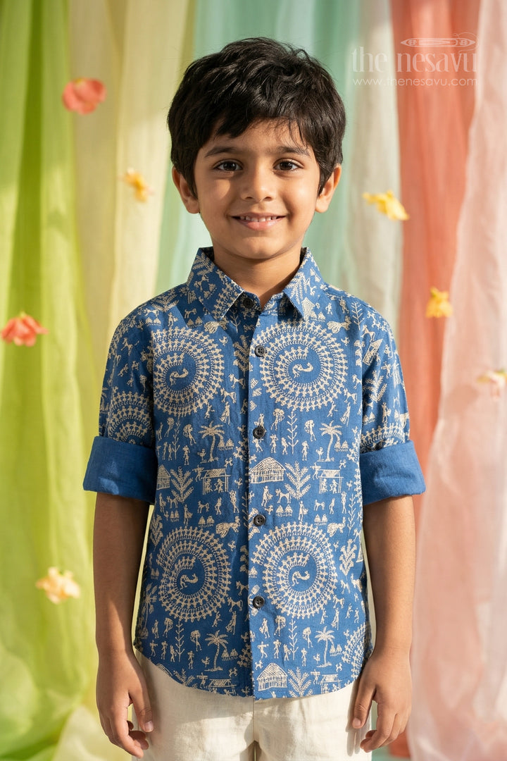The Nesavu Boys Cotton Shirt Boys Warli Print Cotton Shirt for Festive Outings and Cultural Celebrations Nesavu 20 (3Y) / Blue / Cotton BS418B-20 Nesavu boys cotton warli print shirt for festive outings cultural events and casual wear