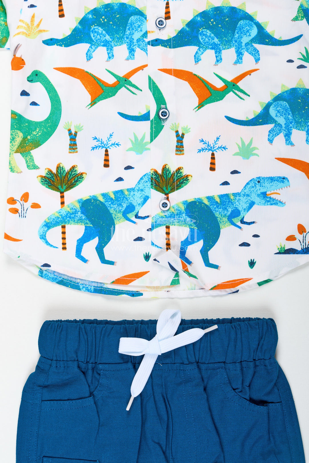 The Nesavu Boys Casual Set Boys Wear Casual Clothes Set with Dinosaur Digital Print Shirt and Navy Cargo Shorts Nesavu Boys Wear Casual Clothes Set Dinosaur Print Shirt Navy Blue Shorts | The Nesavu