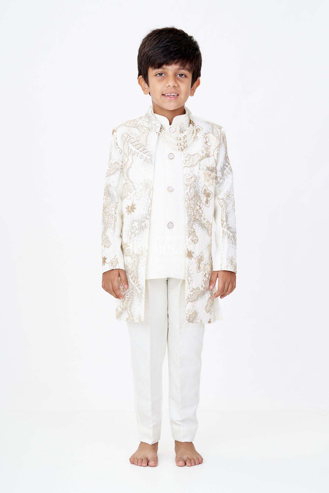 The Nesavu Boys Jacket Sets Boys Wedding Kurta with Jacket in Silk Blend with Designer Embroidery and Regal Detailing Nesavu 14 (6M) / Cream BES644A-14 Boys Wedding Kurta Jacket Silk Blend Designer Embroidery Ornamental Brooch | The Nesavu
