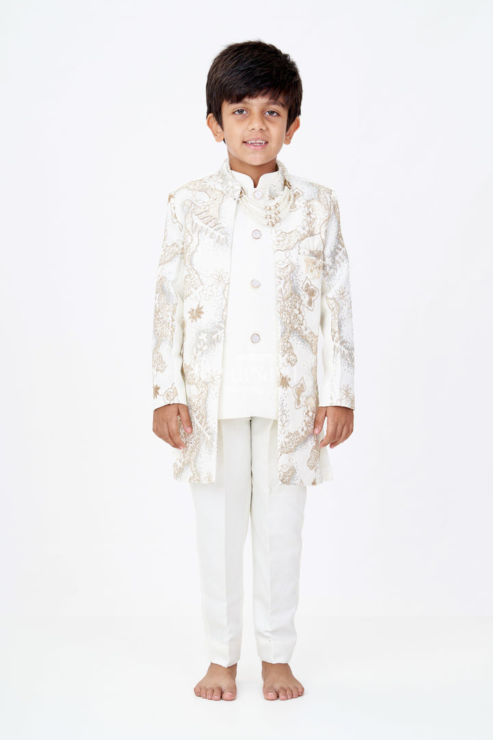 The Nesavu Boys Jacket Sets Boys Wedding Kurta with Jacket in Silk Blend with Designer Embroidery and Regal Detailing Nesavu 14 (6M) / Cream BES644A-14 Nesavu Boys Wedding Kurta Jacket Silk Blend Designer Embroidery Ornamental Brooch