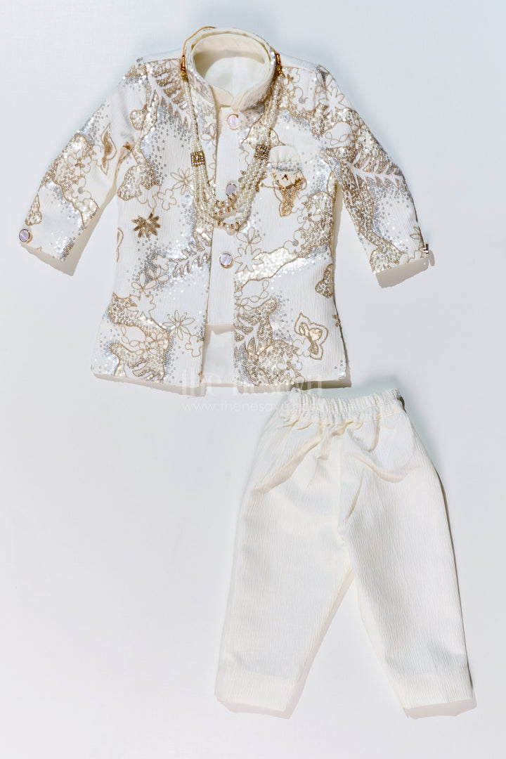 The Nesavu Boys Jacket Sets Boys Wedding Kurta with Jacket in Silk Blend with Designer Embroidery and Regal Detailing Nesavu Boys Wedding Kurta Jacket Silk Blend Designer Embroidery Ornamental Brooch | The Nesavu