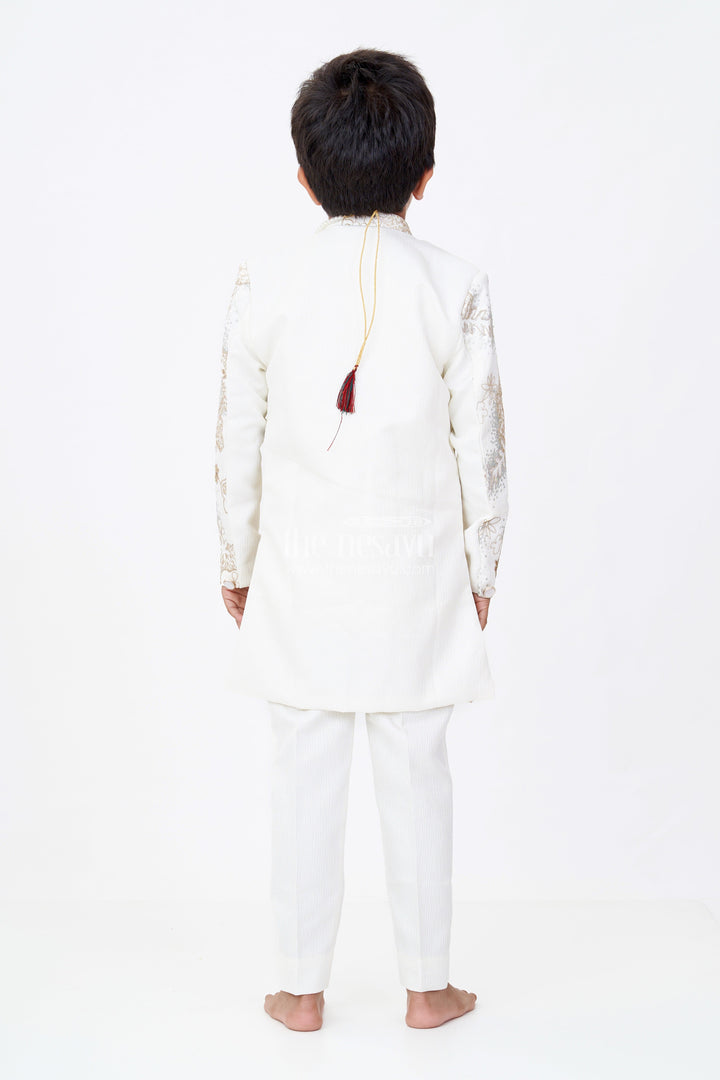 The Nesavu Boys Jacket Sets Boys Wedding Kurta with Jacket in Silk Blend with Designer Embroidery and Regal Detailing Nesavu Boys Wedding Kurta Jacket Silk Blend Designer Embroidery Ornamental Brooch | The Nesavu