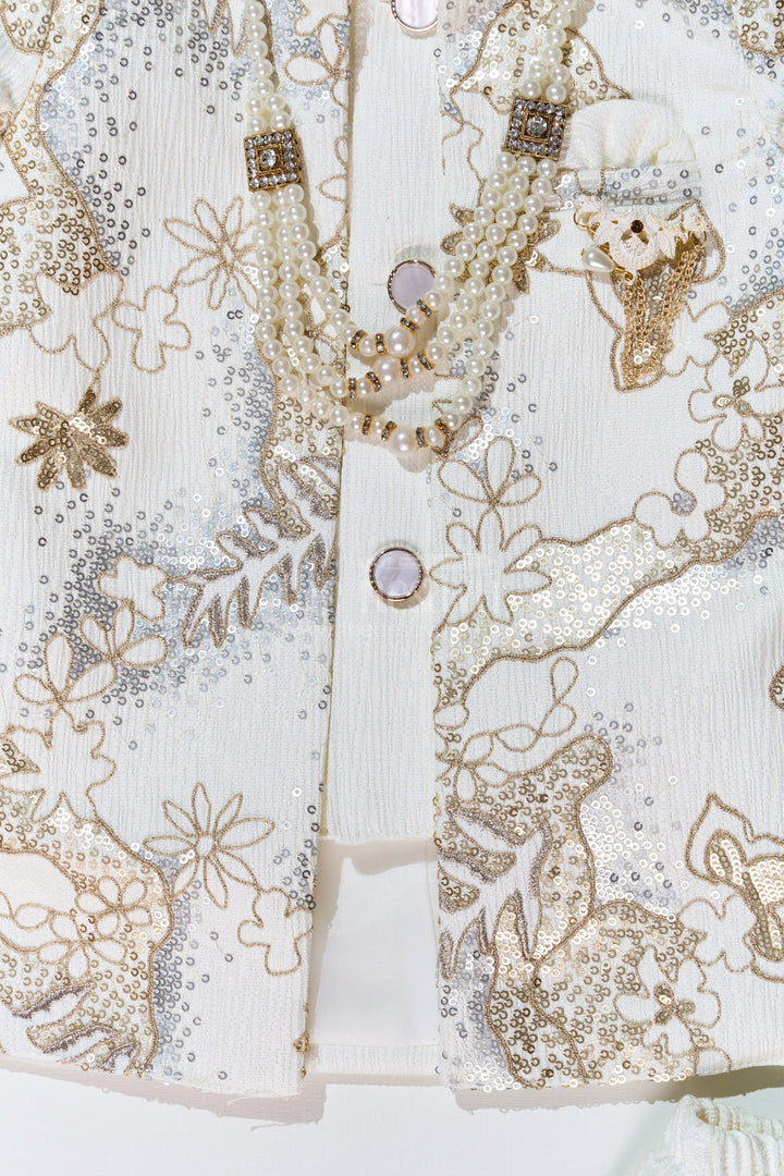 The Nesavu Boys Jacket Sets Boys Wedding Kurta with Jacket in Silk Blend with Designer Embroidery and Regal Detailing Nesavu Nesavu Boys Wedding Kurta Jacket Silk Blend Designer Embroidery Ornamental Brooch
