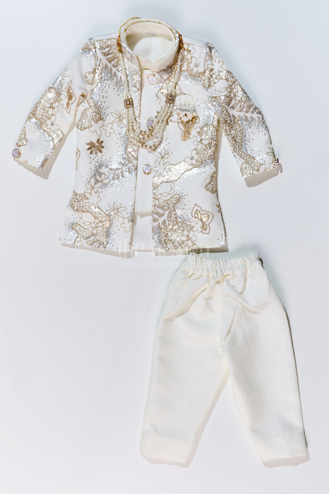 The Nesavu Boys Jacket Sets Boys Wedding Kurta with Jacket in Silk Blend with Designer Embroidery and Regal Detailing Nesavu Nesavu Boys Wedding Kurta Jacket Silk Blend Designer Embroidery Ornamental Brooch