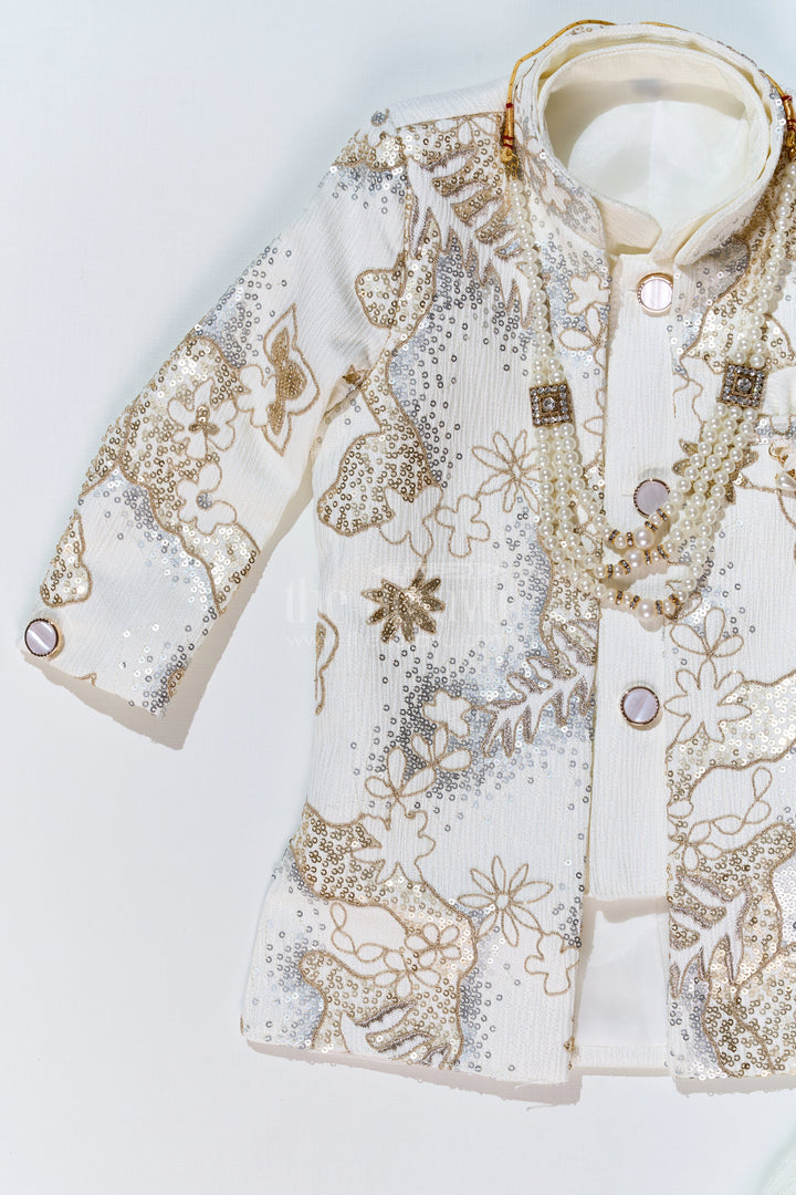The Nesavu Boys Jacket Sets Boys Wedding Kurta with Jacket in Silk Blend with Designer Embroidery and Regal Detailing Nesavu Nesavu Boys Wedding Kurta Jacket Silk Blend Designer Embroidery Ornamental Brooch