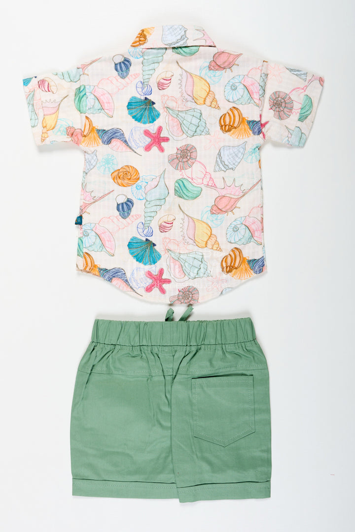 The Nesavu Boys Casual Set Boys Western Dress Casual Cotton Set with Seashell Printed Shirt and Olive Green Shorts Nesavu Boys Western Dress Casual Set Seashell Print Shirt Olive Green Cotton Shorts | The Nesavu