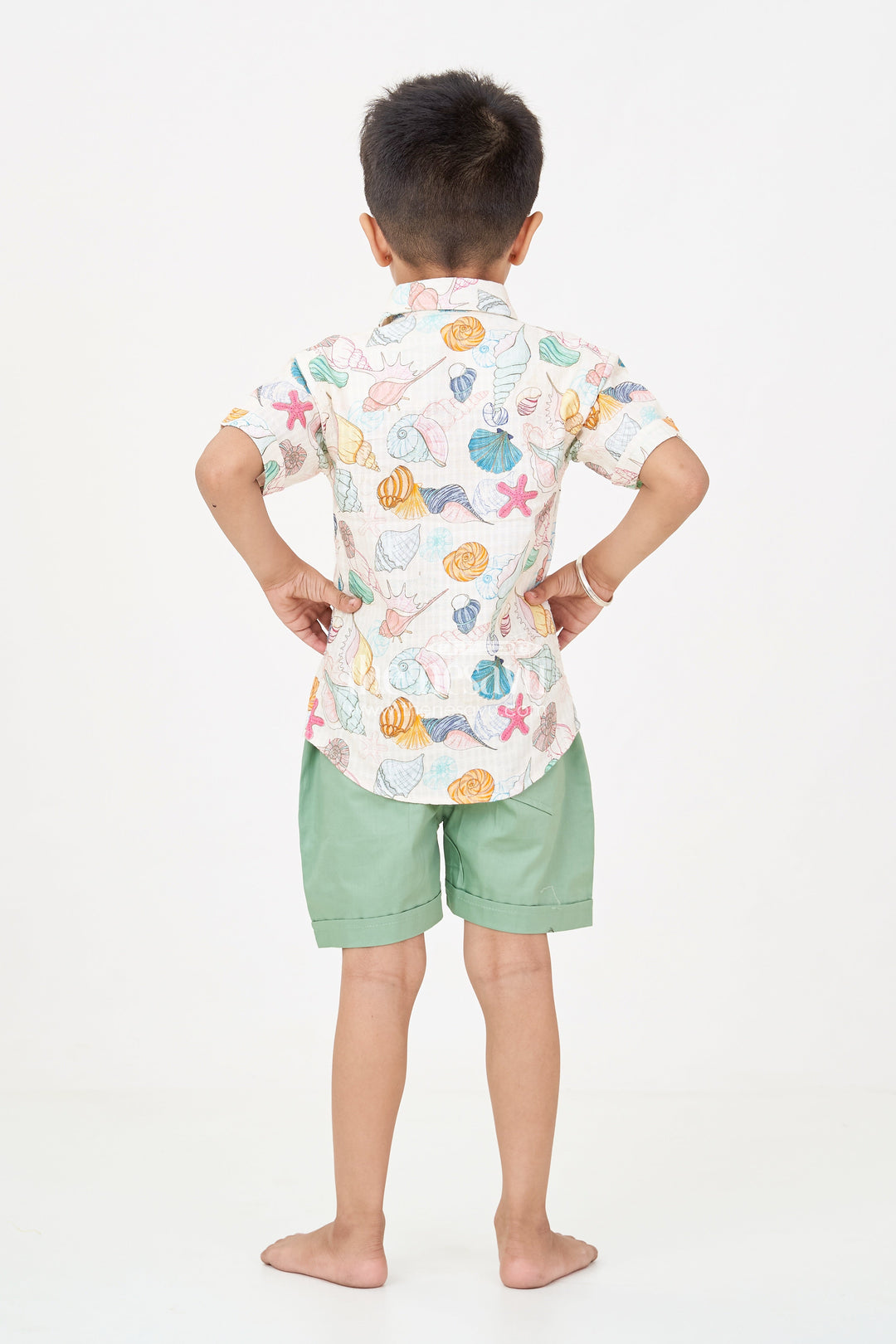 The Nesavu Boys Casual Set Boys Western Dress Casual Cotton Set with Seashell Printed Shirt and Olive Green Shorts Nesavu Boys Western Dress Casual Set Seashell Print Shirt Olive Green Cotton Shorts | The Nesavu