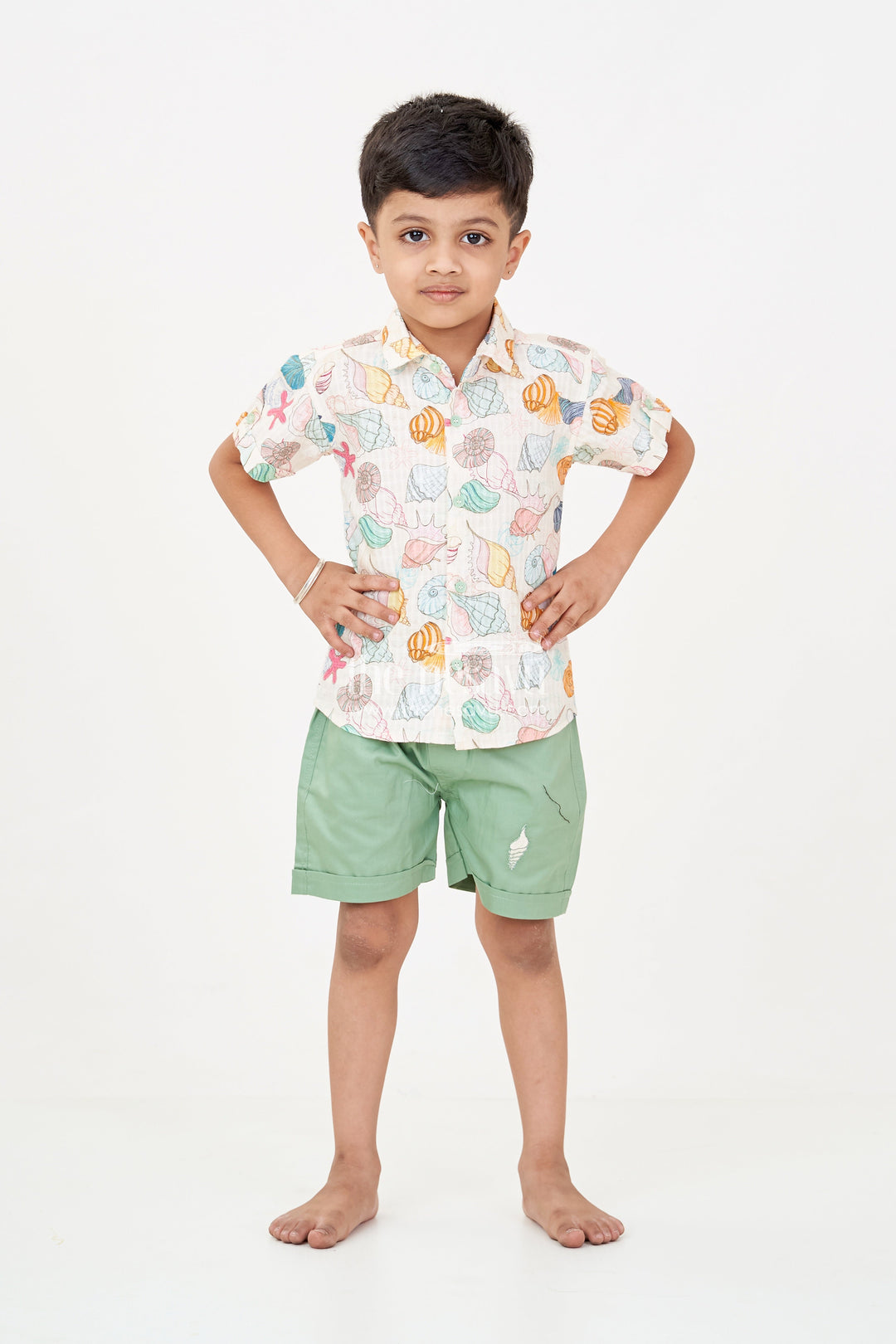 The Nesavu Boys Casual Set Boys Western Dress Casual Cotton Set with Seashell Printed Shirt and Olive Green Shorts Nesavu Boys Western Dress Casual Set Seashell Print Shirt Olive Green Cotton Shorts | The Nesavu