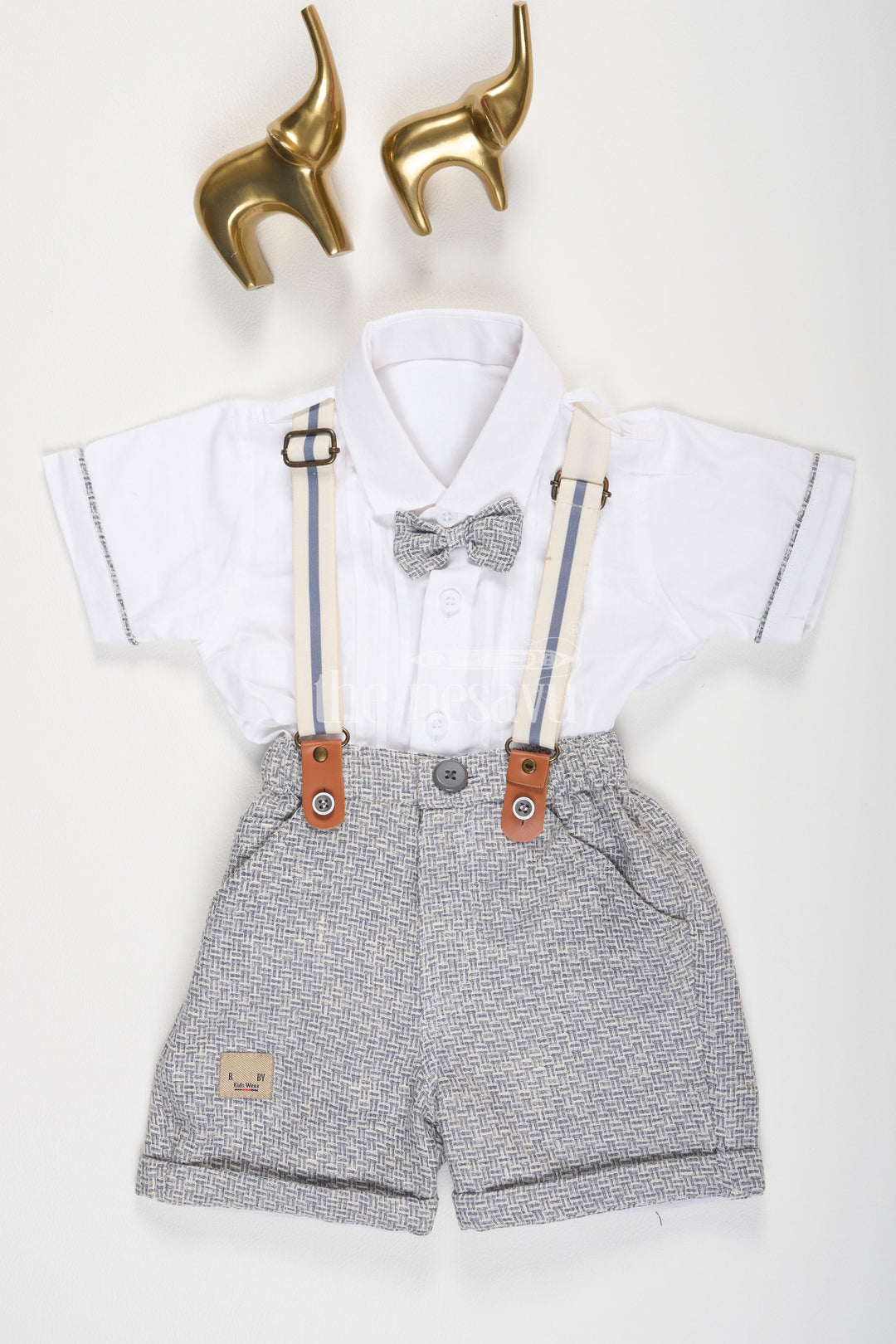 The Nesavu Boys Casual Set Boys White and Gray Tuxedo Shirt with Suspenders and Shorts Set Nesavu 14 (6M) / White BCS122A-14 Boys White and Gray Tuxedo Shirt with Suspenders and Shorts Set Nesavu