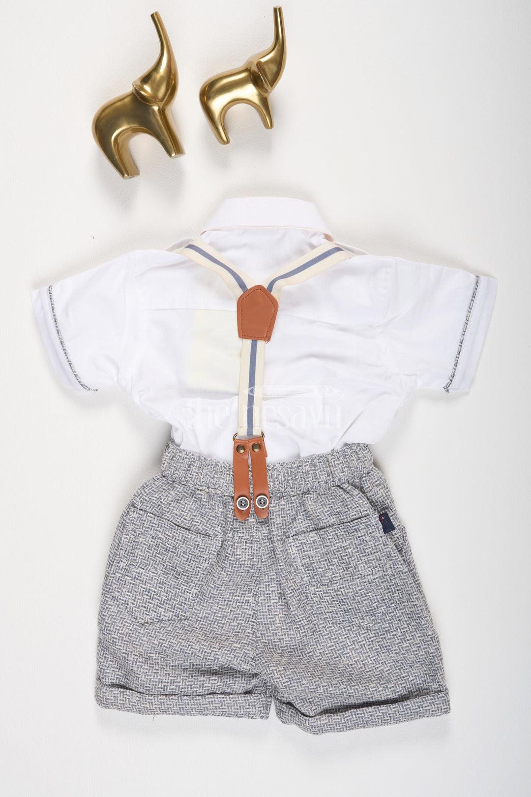 The Nesavu Boys Casual Set Boys White and Gray Tuxedo Shirt with Suspenders and Shorts Set Nesavu Boys White and Gray Tuxedo Shirt with Suspenders and Shorts Set Nesavu