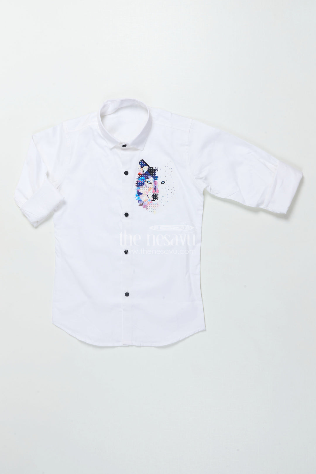 The Nesavu Boys Cotton Shirt Boys White Cotton Shirt with Multicolor Wolf Face Print Trendy Smart Casual Nesavu Boys white shirt multicolor wolf print cotton blend smart casual shirt