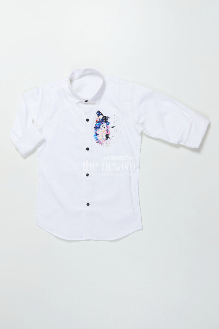 The Nesavu Boys Cotton Shirt Boys White Cotton Shirt with Multicolor Wolf Face Print Trendy Smart Casual Nesavu Boys white shirt multicolor wolf print cotton blend smart casual shirt
