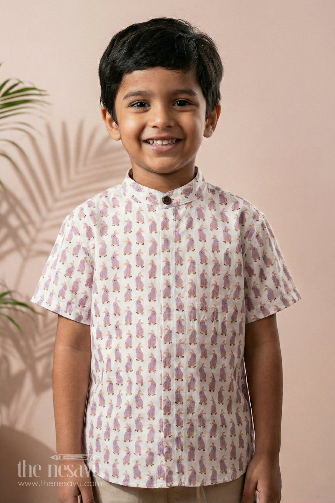 The Nesavu Boys Cotton Shirt Boys White Cotton Shirt with Playful Rabbit Print and Short Sleeves for Casual Wear Nesavu 16 (1Y) / White BS179A-16 Nesavu Boys White Cotton Shirt Rabbit Print Short Sleeves Fun Playful Outings